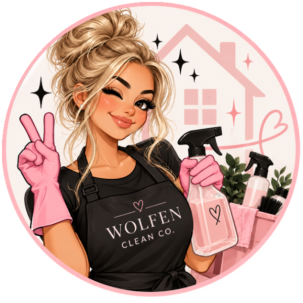 Wolfen Clean Co. logo: cartoon of Kailey Wolfen in a Wolfen Clean Co. apron holding a spray bottle